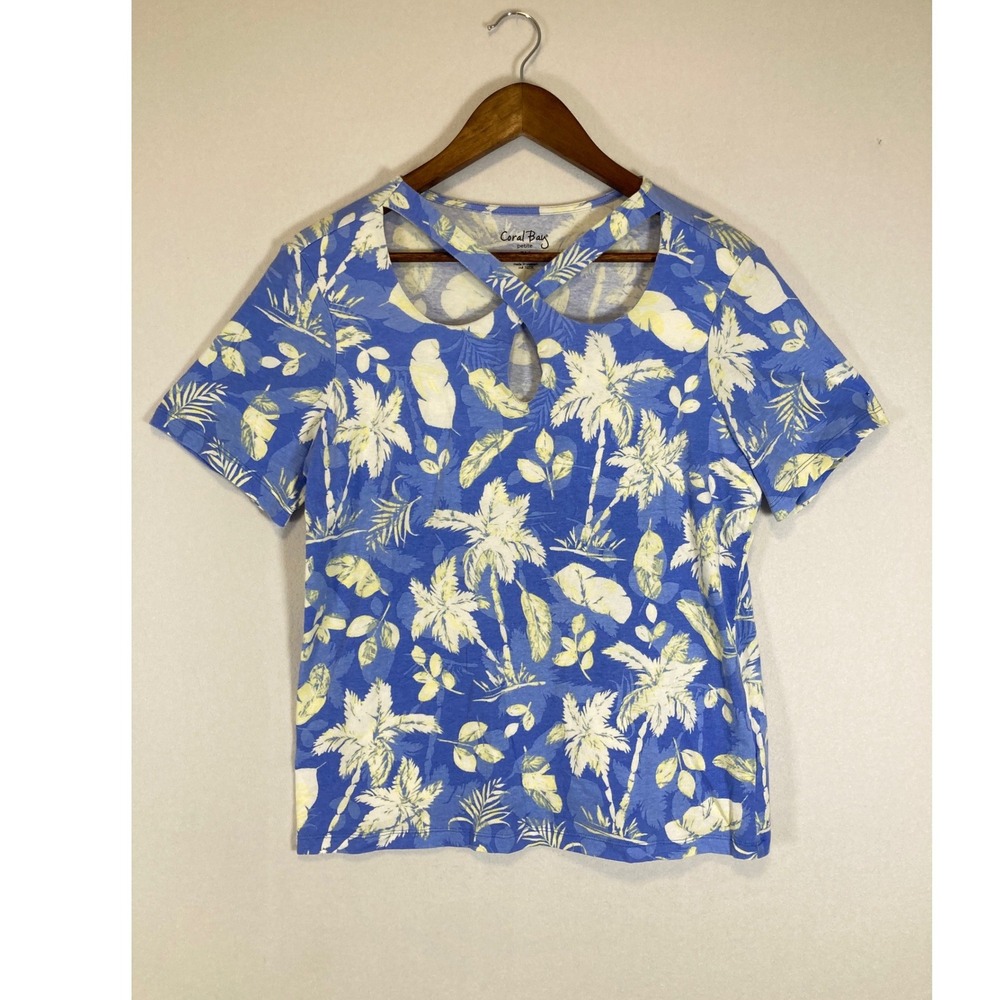 Tropical Coastal Coral Bay Womens Petite Medium Blue Palm Tree Keyhole Neck Top